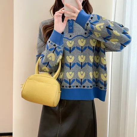 唐狮秋冬复古花朵图案翻领套头毛衣女春秋可外穿时尚针织衫女tuTA商品大图