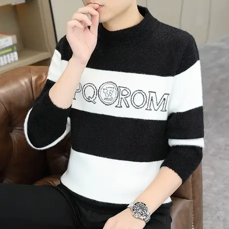 半高领男士水貂绒毛衣秋冬季加厚款潮牌条纹保暖一体绒针织羊毛衫商品大图