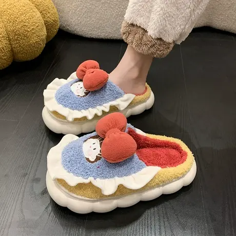 2023秋冬季可爱公主卡通棉拖鞋女室内家居厚底毛绒保暖蝴蝶结拖鞋商品大图