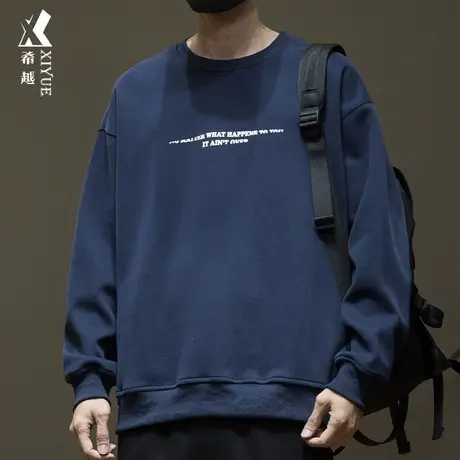 希越藏青色重磅卫衣男2023新款宽松大码日系印花套头打底衫上衣潮商品大图