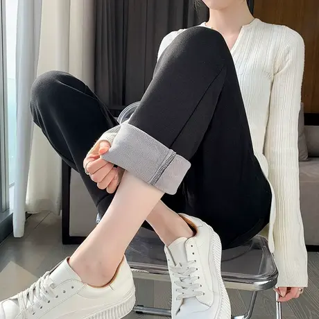黑色直筒裤女秋冬新款高腰显瘦九分加绒加厚宽松休闲小个子烟管裤商品大图