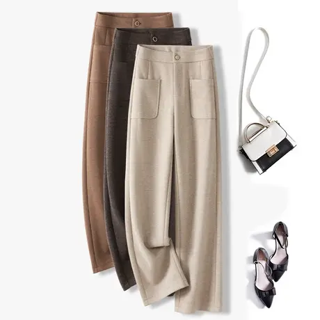 高档羊毛呢裤子女秋冬高腰加厚软糯窄版阔腿裤宽松休闲垂感直筒裤图片