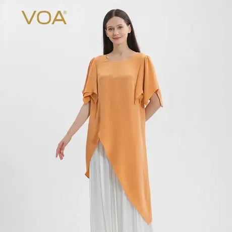 VOA30姆米重磅桑蚕丝棕色圆领不对称设计斜角下摆短袖宽松真丝T恤图片