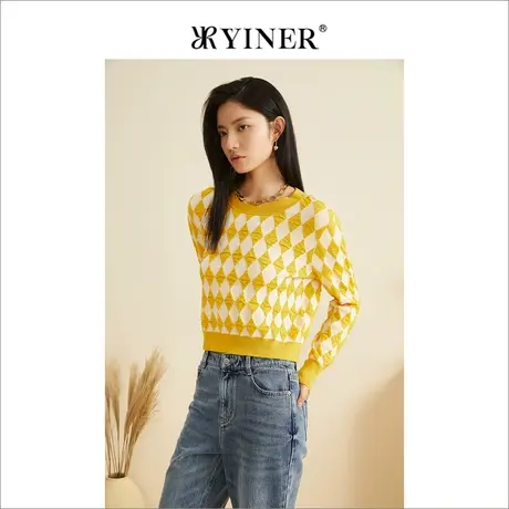 YINER音儿女装秋季软糯糯含羊毛针织衫长袖格子毛衣图片