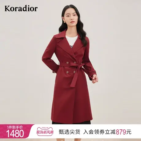 珂莱蒂尔女装2023秋季新款红色风衣中长款薄款双排扣外套今年流行图片