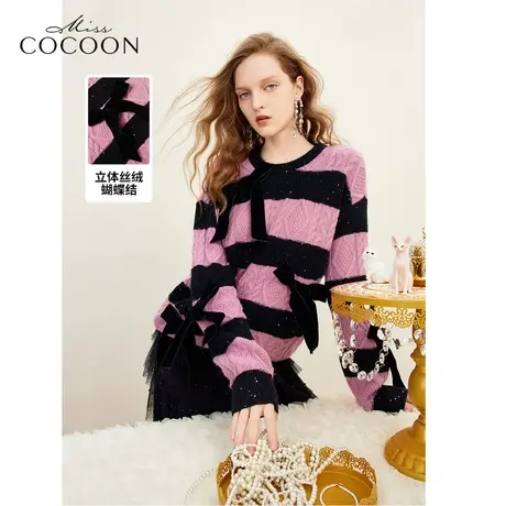 MISSCOCOON宽松圆领上衣2023冬季新女撞色条纹丝绒蝴蝶结毛针织衫商品大图