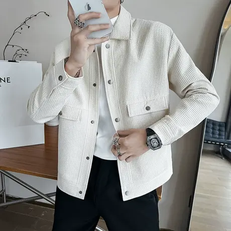 秋季时尚休闲纯色格子男士夹克青少年高中生百搭简约工装ins外套商品大图