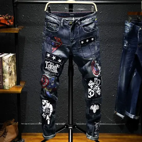 夏季刺绣牛仔裤男修身型小脚裤子男花裤子潮牌朋克男装绣花韩版潮商品大图