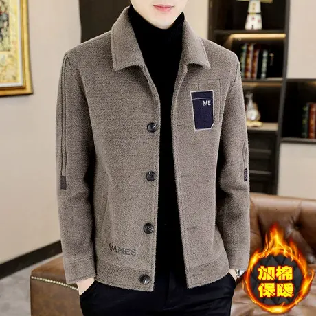 秋冬季短款男士呢子夹克潮流翻领加棉加厚大衣高端冬装金貂绒外套图片