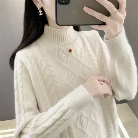 半高领毛衣女冬季2022年新款宽松慵懒风粗棒针麻花针织打底衫上衣图片