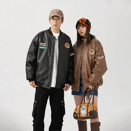 美式棒球服PU皮棉服女冬季加厚外套2023年新款情侣装复古宽松棉衣商品大图