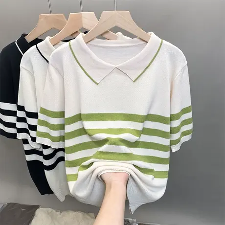 方领冰丝针织衫女2023春夏秋新款条纹宽松外穿上衣薄短袖t恤衫潮商品大图