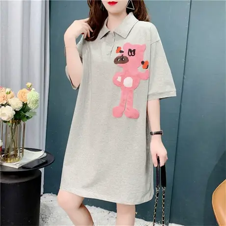 Polo领短袖T恤女夏季2022年新款宽松设计感卡通中长款减龄连衣裙商品大图