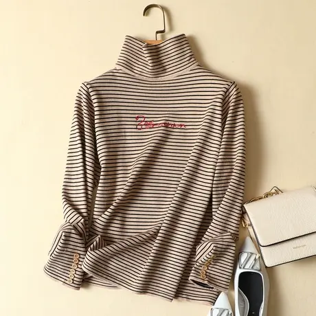 堆堆领毛衣女高领针织衫女条纹宽松套头内搭纽扣长袖打底衫女秋冬图片