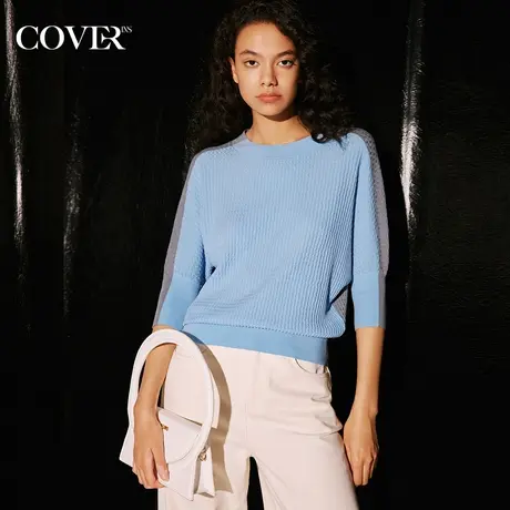COVER秋季真丝棉混纺开叉蝙蝠袖撞色针织衫商品大图
