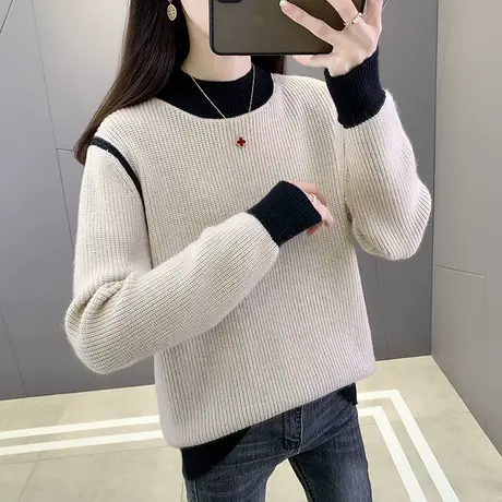 拼色圆领套头针织衫简约风冬季新款百搭爆款洋气女装内搭毛衣女图片