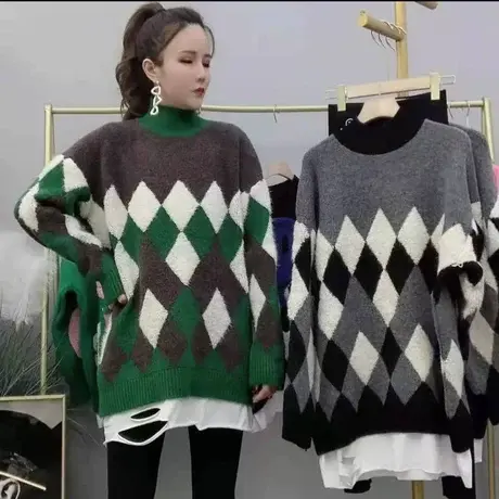 欧洲站秋冬季2023年新款韩版撞色菱形格长袖毛衣慵懒风女士上衣潮图片