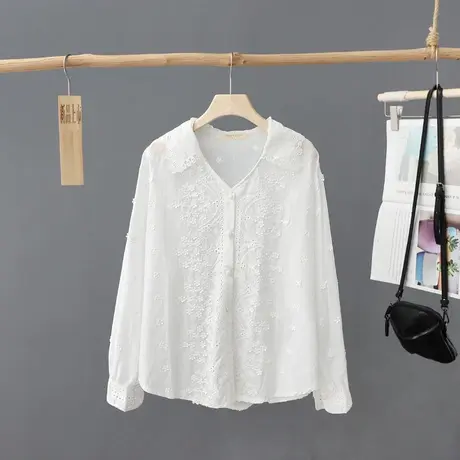 春装2024年新款文艺范纯棉衬衫女3D提花刺绣长袖V领打底衫白衬衣X商品大图