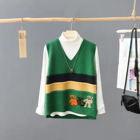 提花V领套头拼色针织马甲女背心春装新款宽松叠穿打底衫毛衣坎肩X商品大图