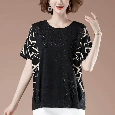 短袖t恤女夏季加肥加大码女装宽松洋气百搭休闲雪纺拼接显瘦体恤商品大图