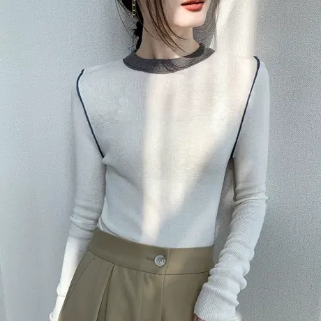 拼色圆领长袖羊毛针织衫女秋冬修身显瘦毛衣西装内搭设计感打底衫商品大图
