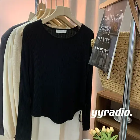 韩国2023早秋新款显瘦百搭抽绳针织衫百搭长袖t恤女打底衫上衣服图片