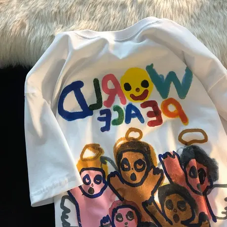 大码oversize短袖T恤女宽松韩版潮卡通涂鸦情侣装圆领纯棉显瘦夏商品大图