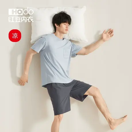 红豆男士睡衣棉质春夏薄短袖男短裤可外穿居家大码休闲家居服套装商品大图