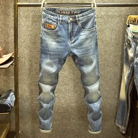 潮牌高端复古牛仔裤男修身小直筒裤重工水洗时尚青年耐磨牛仔长裤商品大图