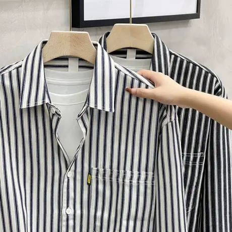 纯棉条纹衬衫长袖男秋季宽松bf男友风男士休闲衬衣外套男春秋新款商品大图