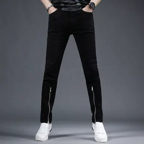 纯黑色牛仔裤男款春秋款修身小脚裤2023新款裤脚拉链潮牌男士裤子商品大图