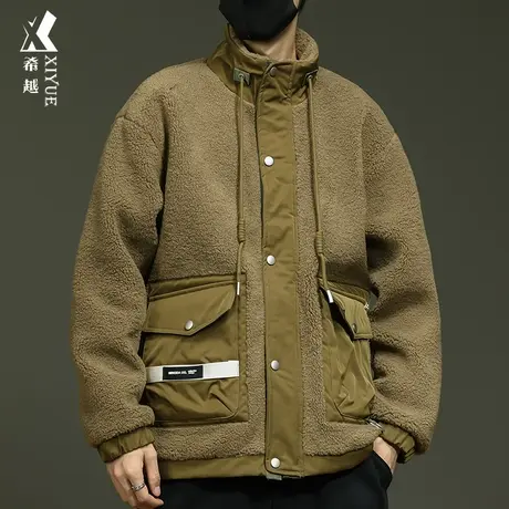 希越2023秋冬加厚摇粒绒棉衣男士外套宽松大码潮牌大口袋夹克棉袄商品大图