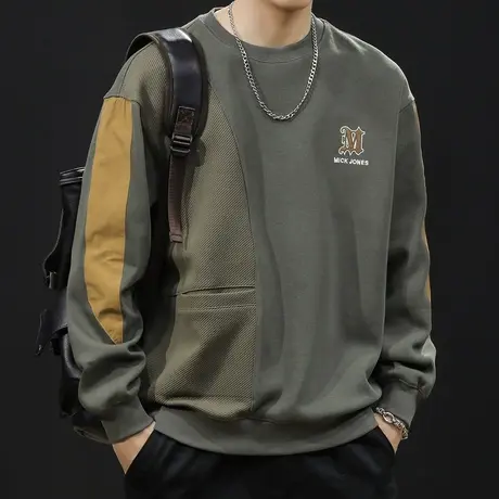 重磅潮牌卫衣男春秋款圆领衣服春季2024新款长袖大码加绒男款拼接商品大图