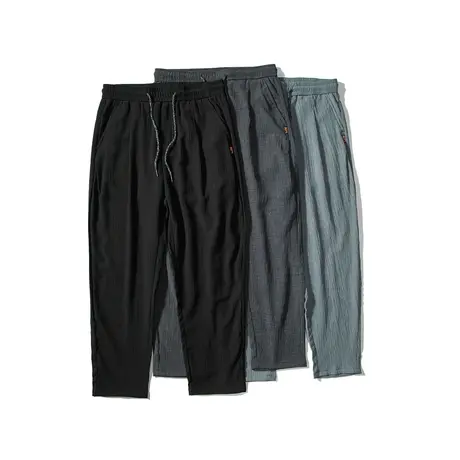 男士亚麻裤子薄款新款宽松直筒夏季速干长裤九分运动裤松紧腰男裤商品大图