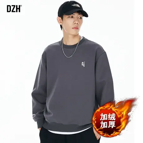 男士深灰色圆领卫衣男冬季加绒加厚2024新款爆款潮牌男装外套秋冬商品大图