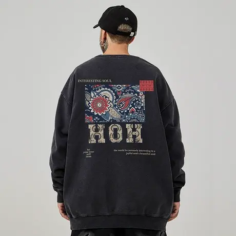 重磅美式复古嘻哈大码卫衣男士圆领纯棉水洗做旧高街加绒秋冬款男图片