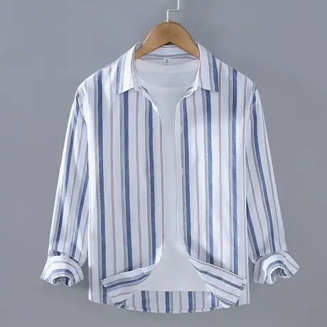 休闲长袖衬衫男2023春秋季男士条纹纯棉衬衣宽松百搭时尚外套潮流图片