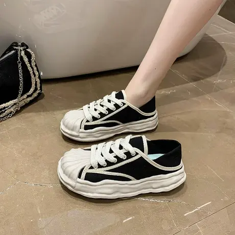 贝壳头休闲帆布鞋女2023夏新款百搭厚底溶解鞋踩脚两穿板鞋ins潮商品大图