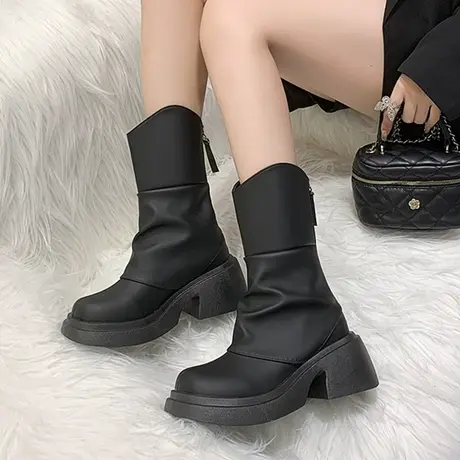 中筒靴女2023年新款时尚百搭复古显瘦靴子女秋冬粗跟炸街瘦瘦靴潮商品大图