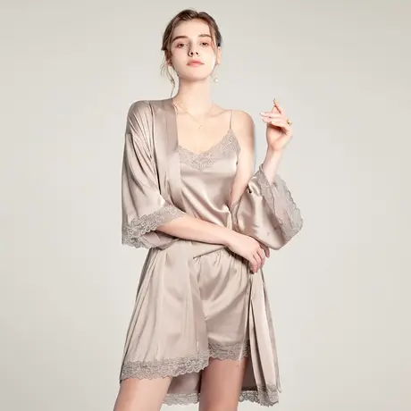 2024新款吊带睡衣女仿真丝夏季冰丝薄款背心短裤睡袍三件套家居服商品大图