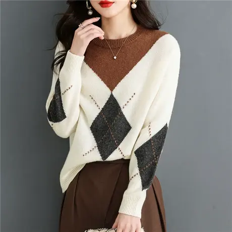 2023秋冬新款针织打底衫女大码装宽松百搭搭洋气格子毛衣拼色上衣图片