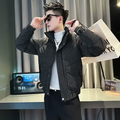 设计感棉衣男冬季2023新款时尚修身个性加厚条纹立领冬装棉服外套商品大图