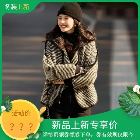 时尚毛呢外套2023年冬季新款女百搭连帽假两件休闲加棉厚款短上衣商品大图