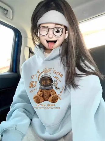 奶系蓝色连帽卫衣女oversize大码冬季加绒闺蜜装上衣ins减龄外套商品大图