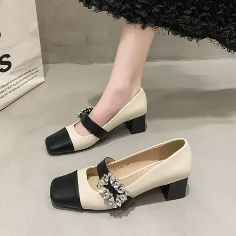 玛丽珍鞋女2024秋冬季新款时尚水钻粗跟高跟鞋浅口方头气质小皮鞋商品大图