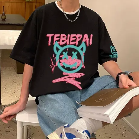 港风恶魔印花短袖T恤男潮牌ins高街夏季情侣打底宽松落肩半袖体恤商品大图