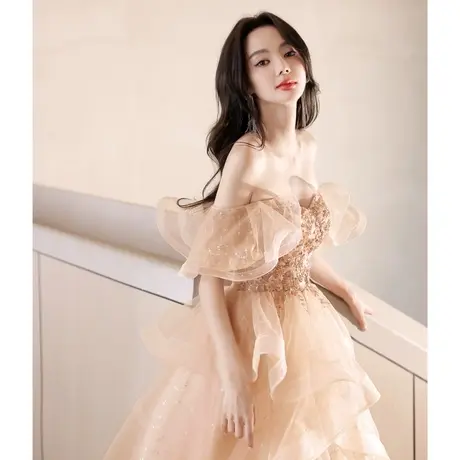 超仙轻纱晚礼服女高级感轻奢高端法式一字肩香槟色声乐艺考高定商品大图
