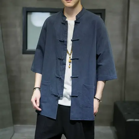 春夏季中国风男士七分袖衬衫汉服休闲宽松盘扣复古禅修服唐装衣服图片