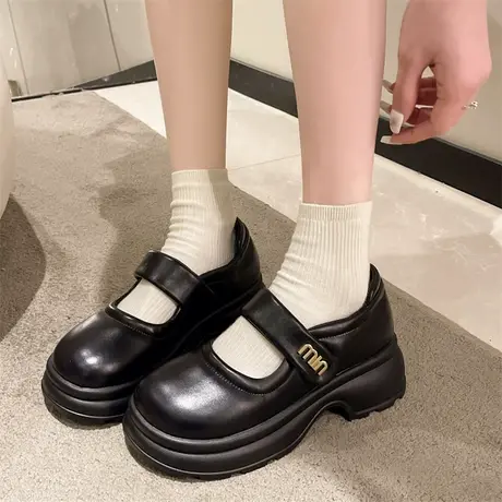 厚底玛丽珍鞋女2024春秋新款一字扣圆头浅口单鞋英伦风粗跟小皮鞋商品大图