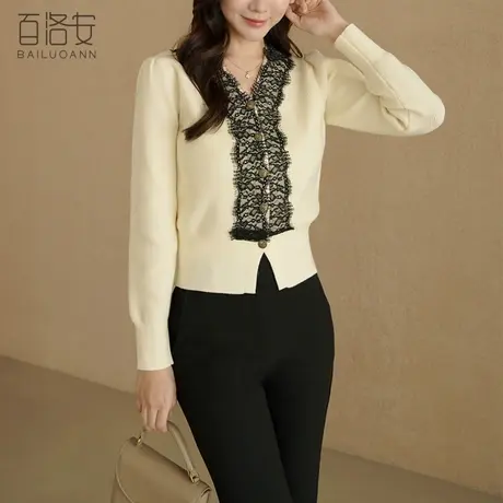 百洛安蕾丝拼接V领针织开衫女春装新款气质优雅长袖温柔毛衣上衣图片